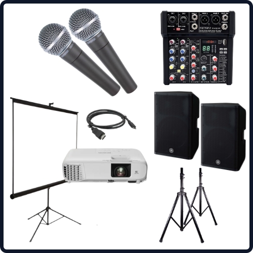 Pack karaoké complet avec micros Shure, enceintes Yamaha, vidéoprojecteur et écran